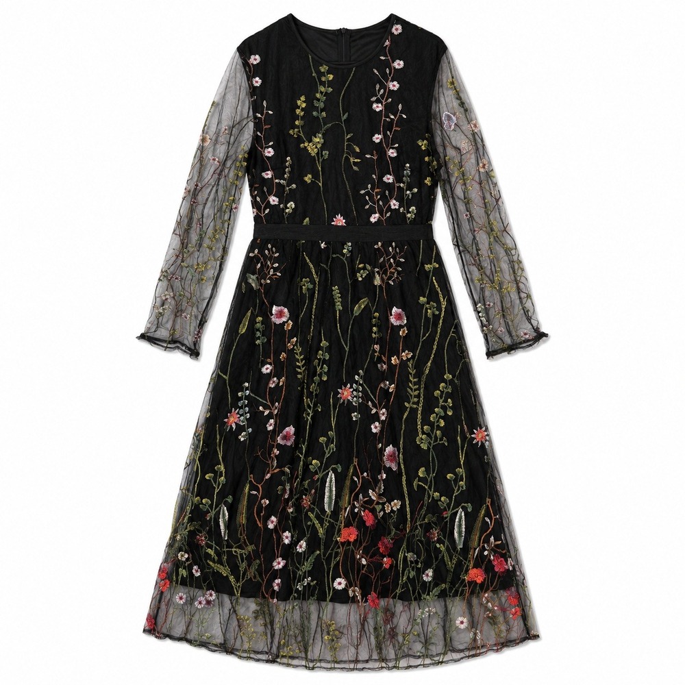 Embroidery Floral Mesh Maxi Dress Black Sheer Boho Whimsigoth Dark Fairy Wedding